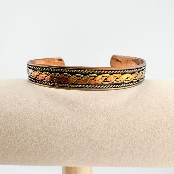 Vintage Copper Brass Cuff Bracelet Swirl Design Mixed Metal Boho Unisex Retro - Picture 3 of 7